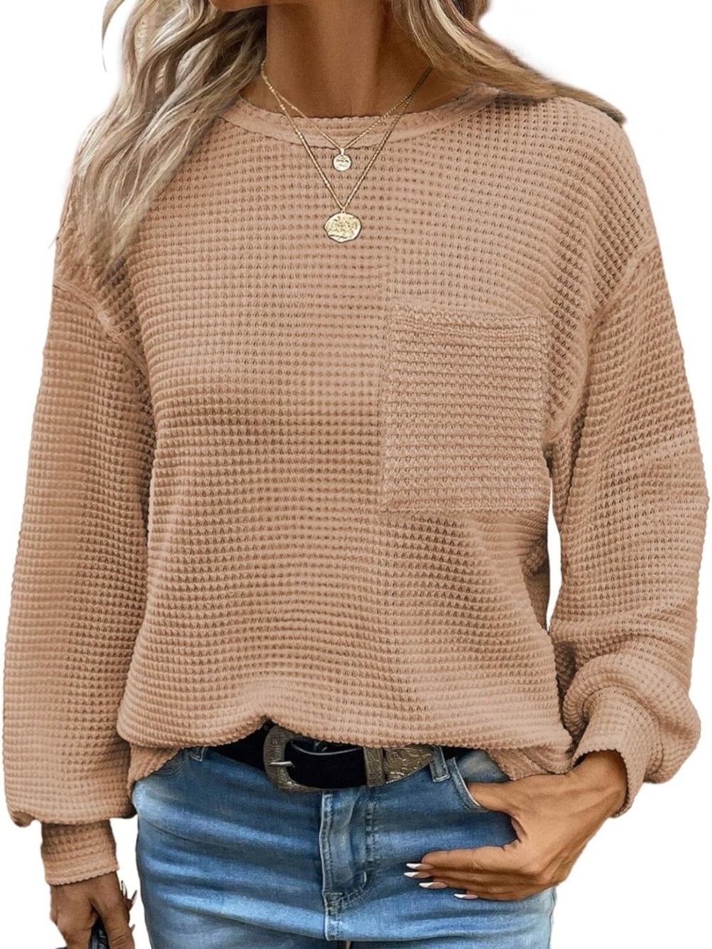 Women Cozy Waffle Knit Pocket Pullover - XL NWT